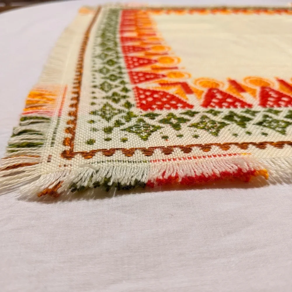 Vintage MCM Retro Woven Table Topper Wall Hanging Geometric Orange Green 30x30